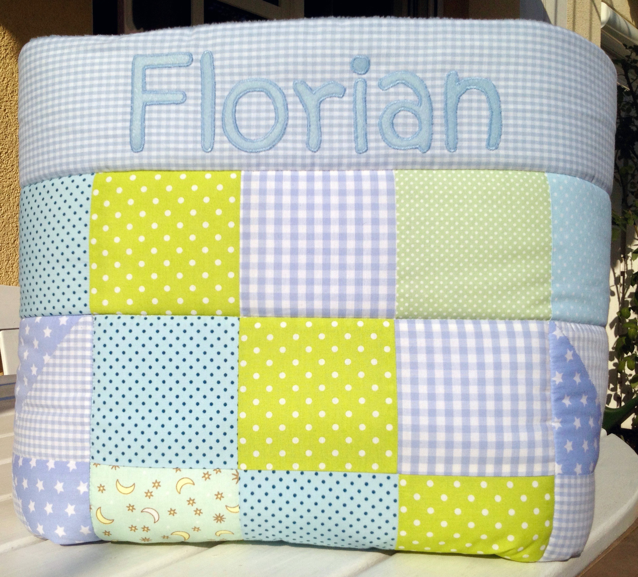 Patchwork Babydecke mit Name - hellblau 5
